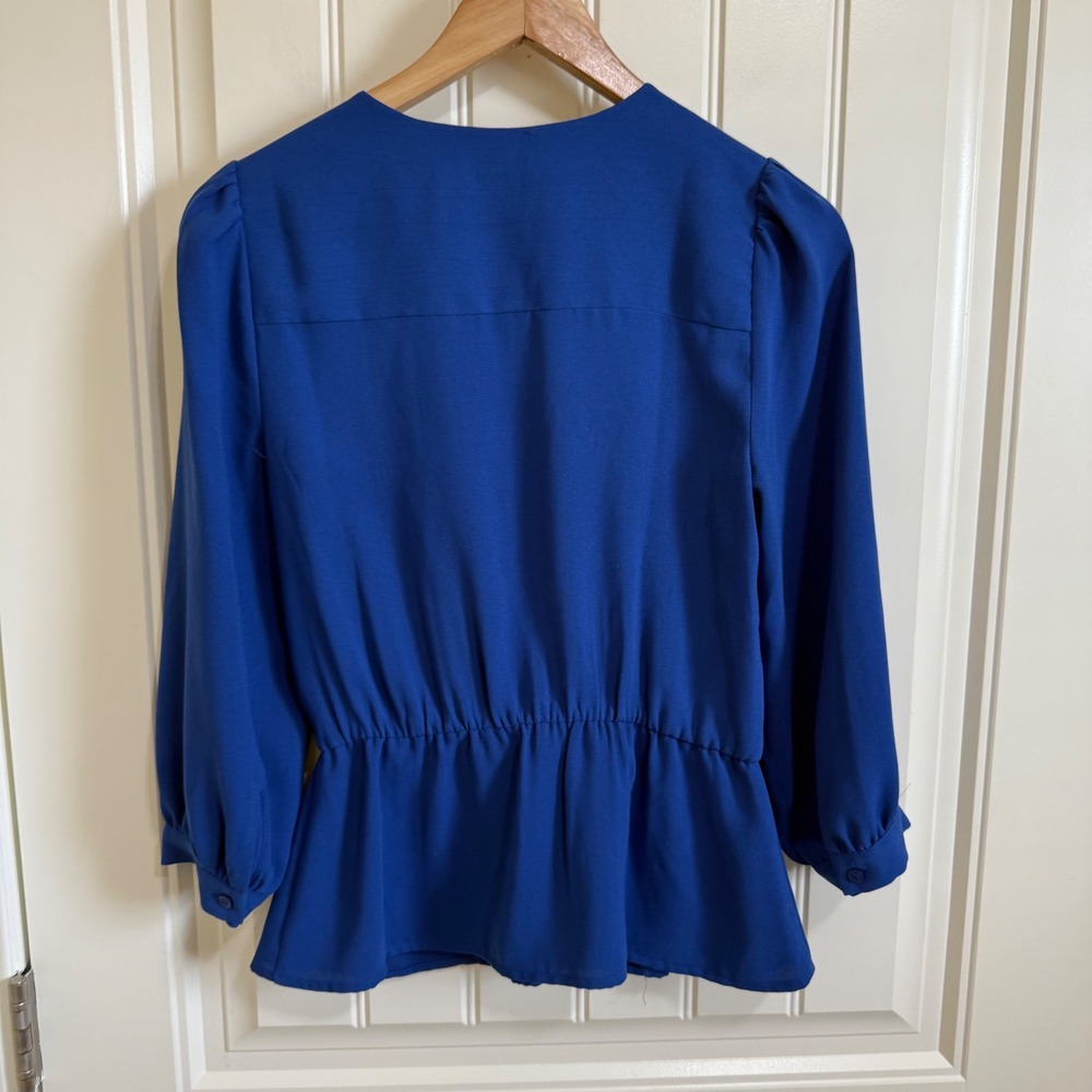Halogen Women's XXS Petite Blue 3/4 Sleeve V-Neck Peplum Top Blouse - Picture 5 of 8